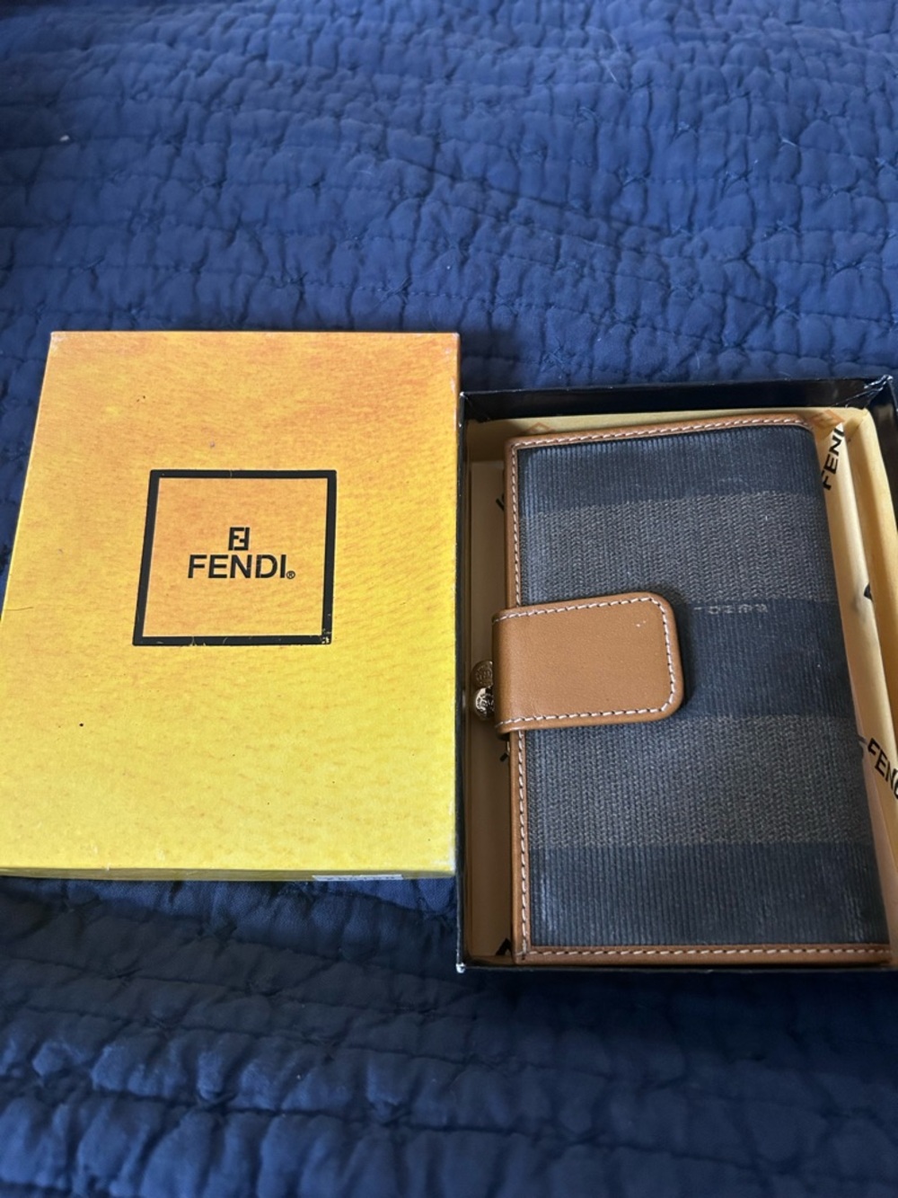 Fendi Gray Canvas Pequin Wallet with Brown Leather Trim